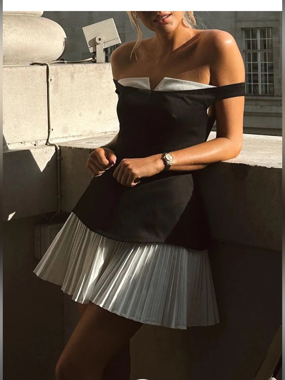 Commense: Patchwork Off Shoulder Pleated Mini Dress